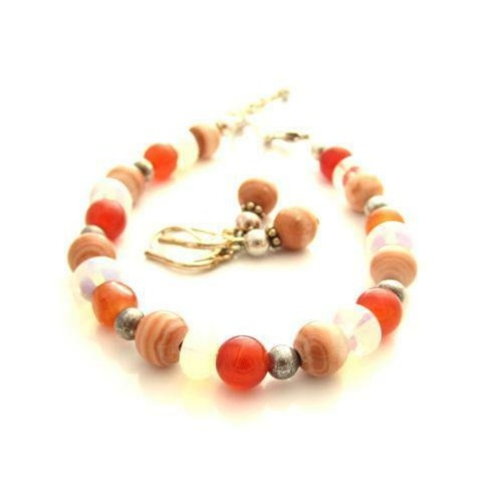 Artisan Orange Agate‎ Pale Blue Opaline Gemstone Bracelet & Earring Set